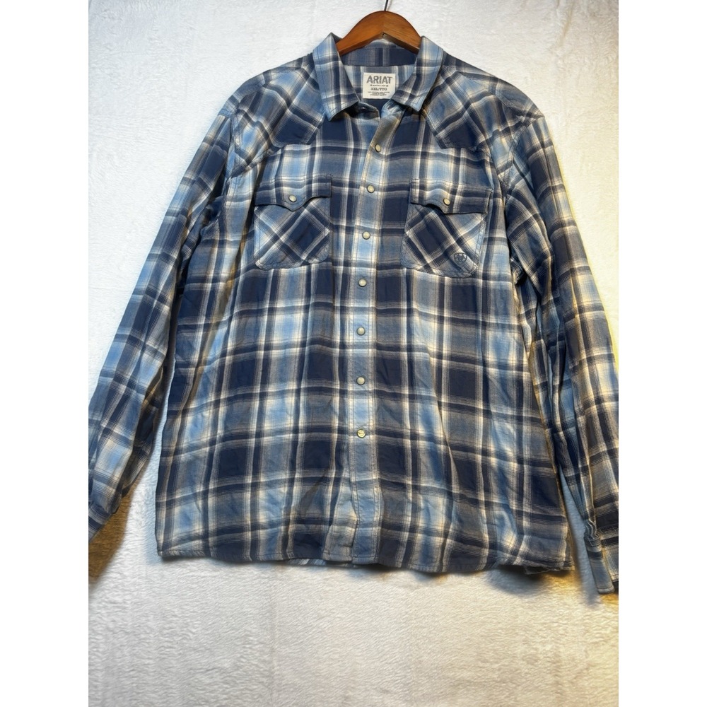 Ariat Pearl Snap Shirt Mens XXL Flannel Plaid Blue White 2X‎ Warm Long Sleeve
